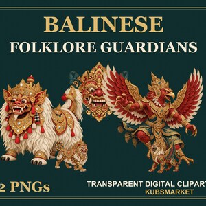 May include: Digital clipart set titled BALINESE FOLKLORE GUARDIANS featuring 12 PNGs. The image displays a white lion-like creature, a red winged bird-like figure, and a decorative mask in gold, red, and white on a dark green background.