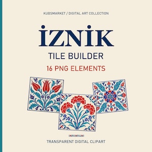 Ottoman Iznik Tile Builder Clipart, 16 Transparent PNGs with Borders and Floral Motifs