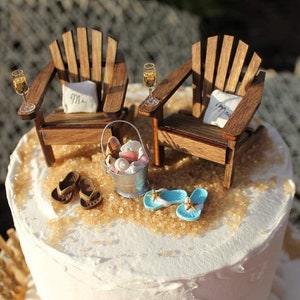 Beach Theme Wedding COMPLETE Cake Topper Classic Adirondack Chairs & Flip Flops INCLUDES Mr. and Mrs. PILLOWS by Landscapes In Miniature image 1