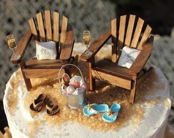 Beach Theme Wedding COMPLETE Cake Topper Classic Adirondack Chairs & Flip Flops INCLUDES Mr. and Mrs. PILLOWS - by Landscapes In Miniature