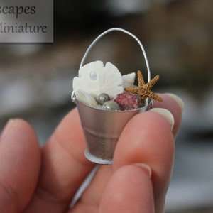 METAL SEASHELL BUCKET with Starfish or Sand Dollar for your Miniature Beach or Wedding Topper by Landscapes In Miniature image 1