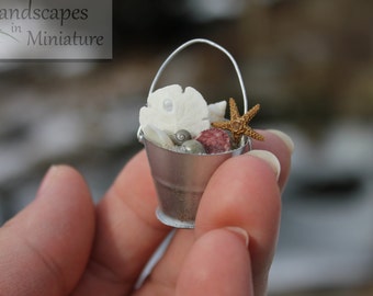 METAL SEASHELL BUCKET - with Starfish or Sand Dollar for your Miniature Beach or Wedding Topper - by Landscapes In Miniature