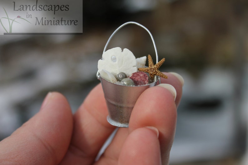 METAL SEASHELL BUCKET with Starfish or Sand Dollar for your Miniature Beach or Wedding Topper by Landscapes In Miniature image 1