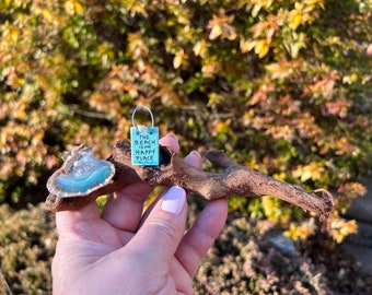 Resin Beach Art in Real Pectin Scallop Seashell with Sign "The Beach Is My Happy Place" On Driftwood - by Landscapes In Miniature