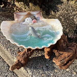 Resin Beach Art in Real Mexican Deep Scallop Seashell with Dolphin On Driftwood 3-D Sand by Landscapes In Miniature image 3