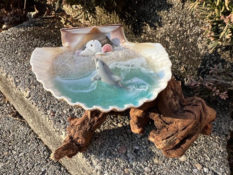 Resin Beach Art in Real Mexican Deep Scallop Seashell with Dolphin On Driftwood 3-D Sand by Landscapes In Miniature image 3