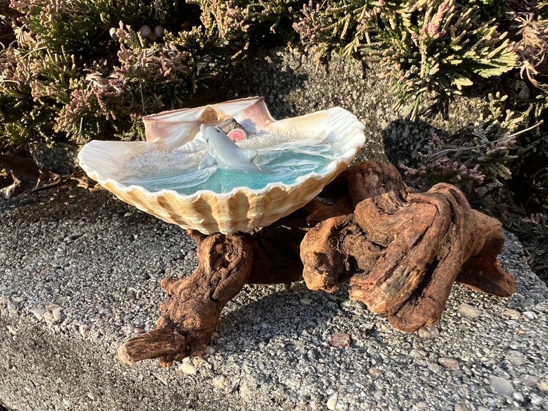 Resin Beach Art in Real Mexican Deep Scallop Seashell with Dolphin On Driftwood 3-D Sand by Landscapes In Miniature image 6