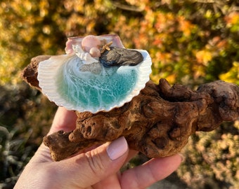 Resin Beach Art in Real Mexican Deep Scallop Seashell On Driftwood - 3-D Sand - by Landscapes In Miniature