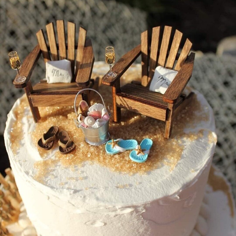 Beach Theme Wedding COMPLETE Cake Topper Classic Adirondack Chairs & Flip Flops INCLUDES Mr. and Mrs. PILLOWS by Landscapes In Miniature image 1