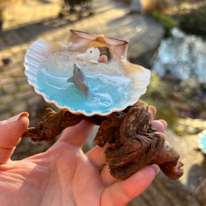 Resin Beach Art in Real Mexican Deep Scallop Seashell with Dolphin On Driftwood 3-D Sand by Landscapes In Miniature image 2