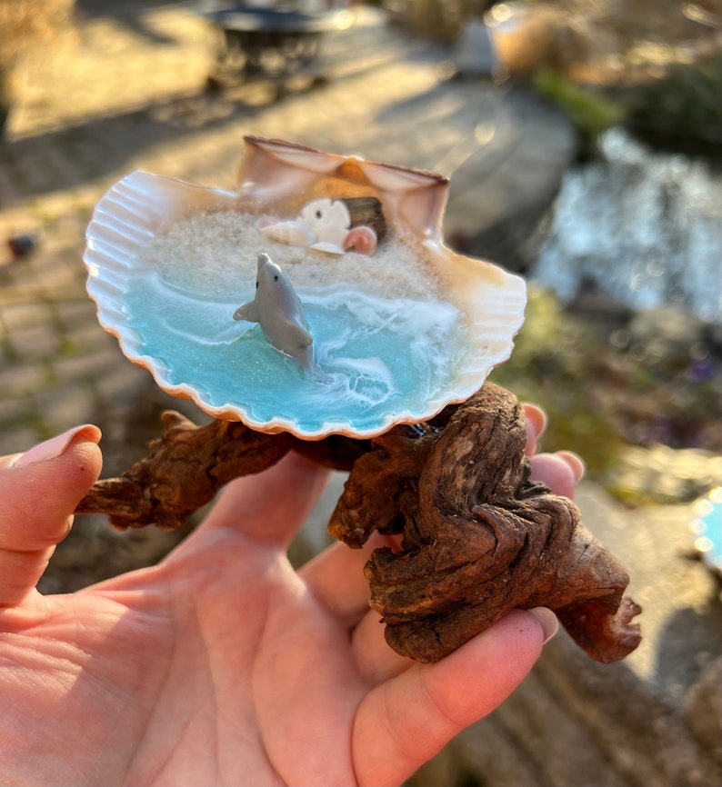 Resin Beach Art in Real Mexican Deep Scallop Seashell with Dolphin On Driftwood 3-D Sand by Landscapes In Miniature image 2