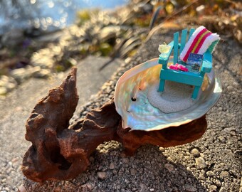 Beach scene in Real Abalone Seashell with Beach Chair and Coastal Living Magazine On Driftwood - 3-D Sand - by Landscapes In Miniature