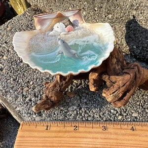 Resin Beach Art in Real Mexican Deep Scallop Seashell with Dolphin On Driftwood 3-D Sand by Landscapes In Miniature image 4