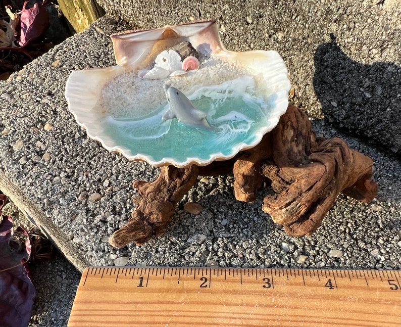 Resin Beach Art in Real Mexican Deep Scallop Seashell with Dolphin On Driftwood 3-D Sand by Landscapes In Miniature image 4