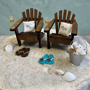 Beach Theme Wedding COMPLETE Cake Topper Classic Adirondack Chairs & Flip Flops INCLUDES Mr. and Mrs. PILLOWS by Landscapes In Miniature image 2