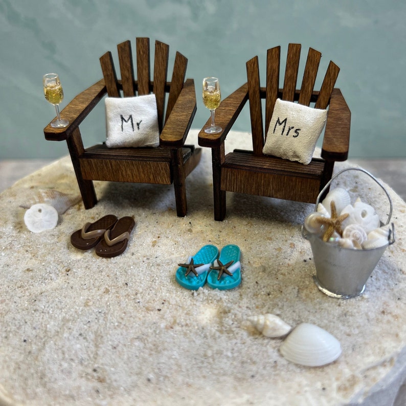 Beach Theme Wedding COMPLETE Cake Topper Classic Adirondack Chairs & Flip Flops INCLUDES Mr. and Mrs. PILLOWS by Landscapes In Miniature image 2