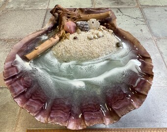 Resin Beach Art in Real Seashell - 3-D Sand - by Landscapes In Miniature