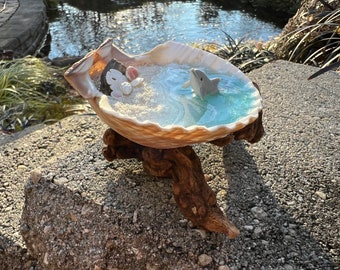 Resin Beach Art in Real Mexican Deep Scallop Seashell with Dolphin On Driftwood - 3-D Sand - by Landscapes In Miniature