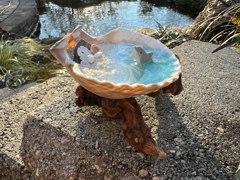 Resin Beach Art in Real Mexican Deep Scallop Seashell with Dolphin On Driftwood 3-D Sand by Landscapes In Miniature image 1