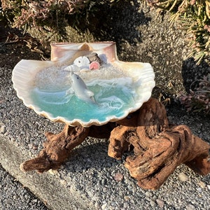 Resin Beach Art in Real Mexican Deep Scallop Seashell with Dolphin On Driftwood 3-D Sand by Landscapes In Miniature image 5