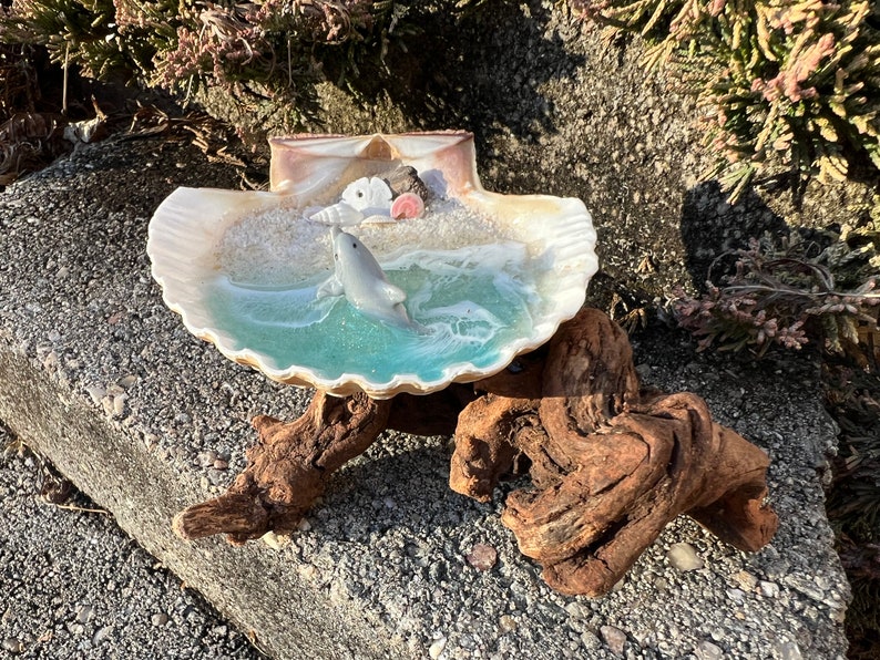 Resin Beach Art in Real Mexican Deep Scallop Seashell with Dolphin On Driftwood 3-D Sand by Landscapes In Miniature image 5