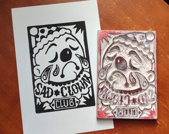 Sad Clown Club, Hand Carved Linoprint, Hand Printed, Printing Ink on Paper