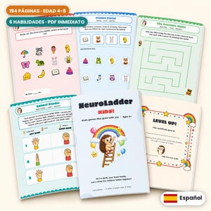 Peut inclure: Un ensemble de pages d'activités éducatives intitulé NeuroLadder Kids, proposant des jeux cérébraux pour enfants. Les pages incluent un labyrinthe, des exercices de coordination manuelle et des jeux d'association avec des illustrations colorées.
