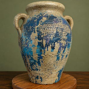 May include: A textured beige vase with two side handles, featuring a distressed blue and purple paint finish. The surface has a raised, dotted pattern across the body, with a wide rim and a tapered base, showcasing a weathered, aged appearance.