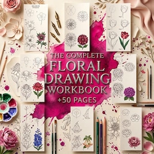 May include: A workbook titled The Complete Floral Drawing Workbook +50 Pages, featuring step-by-step line art tutorials for various flowers like hellebores, dahlias, and tulips, surrounded by watercolour splatters, paint palettes, and pencils.