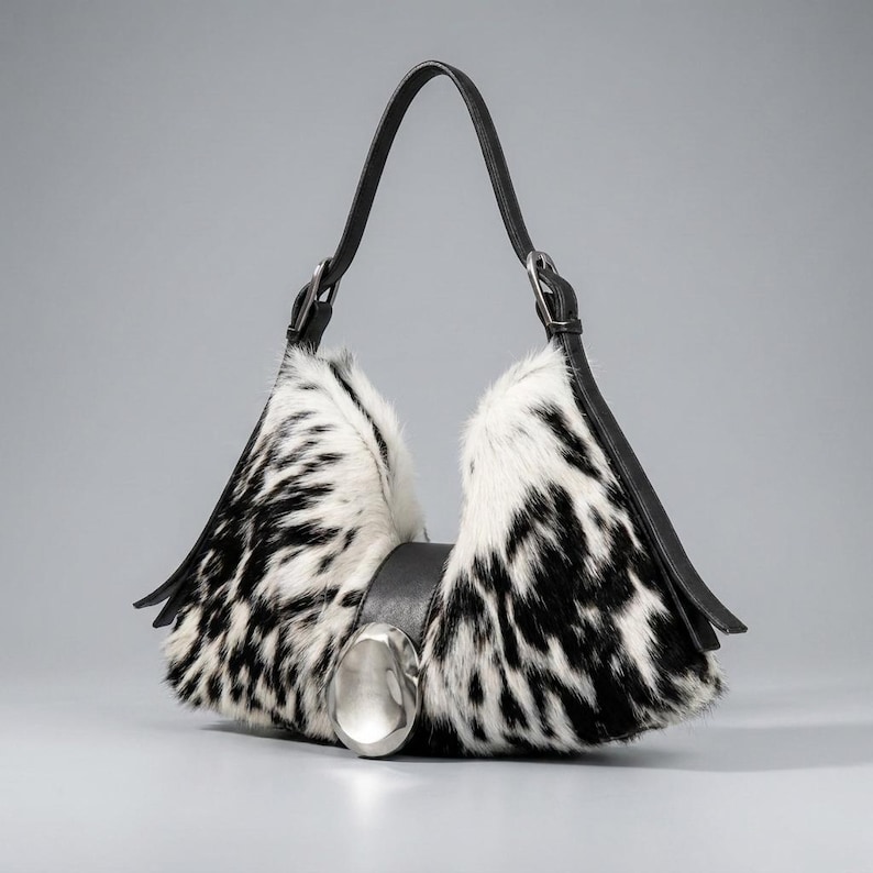 May include: A crescent-shaped handbag featuring a black and white cow-print faux fur texture. The bag includes a black leather strap, black leather side accents, and a large, smooth, polished silver-tone metal oval ornament centered on the front.