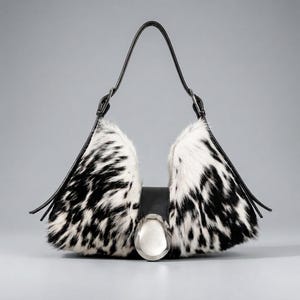 May include: A hobo-style handbag featuring a black and white cowhide pattern with a textured fur finish. The bag has a central black leather strap secured by a large, smooth, oval-shaped silver-tone metal buckle and a single black shoulder strap.