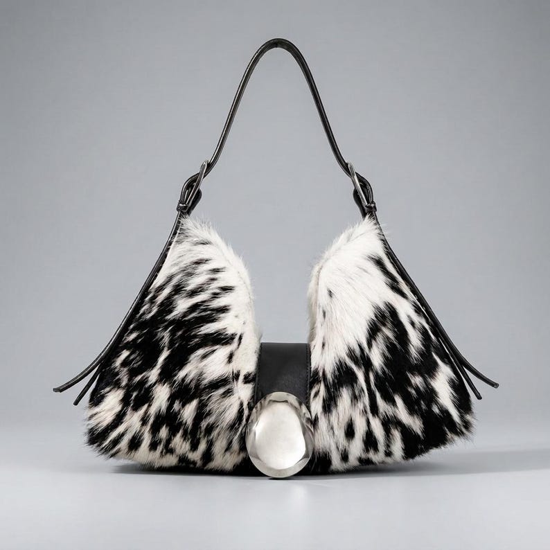 May include: A hobo-style handbag featuring a black and white cowhide pattern with a textured fur finish. The bag has a central black leather strap secured by a large, smooth, oval-shaped silver-tone metal buckle and a single black shoulder strap.