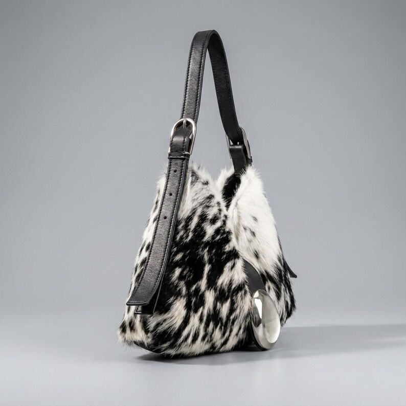 May include: A shoulder bag featuring a black and white spotted animal print fur texture. The bag has a black leather strap with a silver-toned metal buckle for adjustment and a large, smooth, silver-toned metal accent piece on the side.