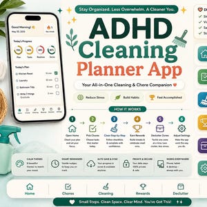 May include: A digital interface for the ADHD Cleaning Planner App displayed on a smartphone and a desktop layout. The screen shows task lists, progress charts, and a six-step guide for home organization, featuring icons for home, chores, cleaning, rewards, and settings.