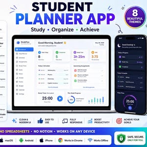 Puede incluir: Una aplicación de planificación para estudiantes mostrada en la pantalla de un portátil y un teléfono inteligente. La interfaz incluye un panel con planificador diario, horario de clases, seguimiento de tareas, temporizador y notas.