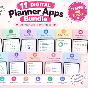 May include: A digital planner bundle featuring 11 app icons with pastel backgrounds, including daily planner, habit tracker, focus timer, goals, budget, mood, water, notes, appointment, pregnancy, and student planners with text labels and icons.