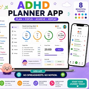 Könnte beinhalten: Eine ADHD-Planer-App-Oberfläche auf einem Laptop und Smartphone. Der Bildschirm zeigt ein Dashboard mit Aufgaben, Zielen, Gewohnheiten und Budget-Trackern. Text beinhaltet ADHD PLANNER APP, PLAN, FOCUS, ACHIEVE, REPEAT und NO SPREADSHEETS. NO NOTION.