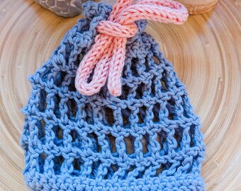 Wash bag for washable cosmetic pads - made from cotton/bamboo blend yarn - no animal fibers