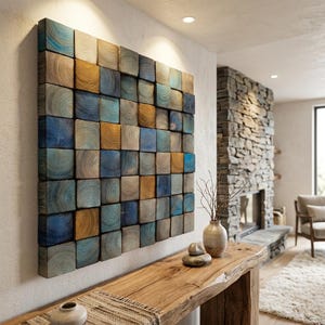 May include: A square wall art piece composed of numerous individual wooden blocks arranged in a grid. Each block features visible circular wood grain patterns and is stained in varying shades of blue, golden yellow, and natural light brown wood tones.