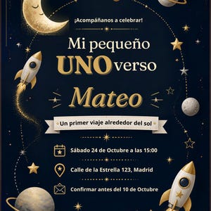 Invitación Primer Añito Espacio,  Mi Pequeño Unoverso, Editable Canva Template, Digital Invite