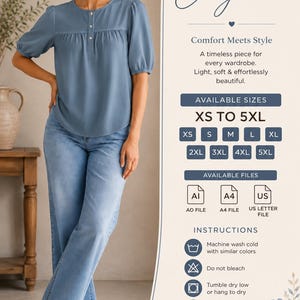 Women's Yoke Blouse Sewing Pattern PDF | Puff Sleeve Woven Top | XS-5XL | A0 A4 US Letter | Instant Download