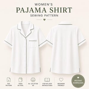 Könnte beinhalten: Ein Schnittmuster für ein weißes Pyjama-Oberteil mit kurzen Ärmeln, Reverskragen, einer Brusttasche und dunkler Paspelierung. Der Text lautet: WOMEN'S PAJAMA SHIRT SEWING PATTERN, PDF PATTERN, SIZES XS-XXXL, A4 US LETTER A0, STEP-BY-STEP INSTRUCTIONS, BEGINNER FRIENDLY, INSTANT DOWNLOAD.