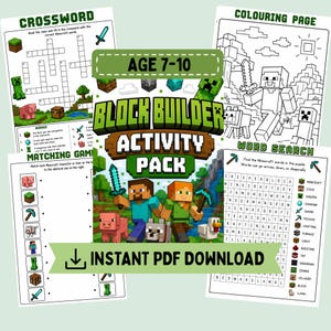 Op de afbeelding: Een digitaal activiteitenpakket met werkbladen in Minecraft-thema, waaronder een kruiswoordraadsel, kleurplaat, koppelspel en woordzoeker. De centrale titel luidt Block Builder Activity Pack Age 7-10 met een Instant PDF Download banner.