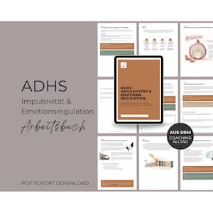 Könnte beinhalten: Ein digitales Arbeitsbuch mit dem Titel ADHS Impulsivität & Emotionsregulation auf einem Tablet-Bildschirm, umgeben von mehreren ausgedruckten Seiten des Dokuments mit Text, Diagrammen und einer Zwiebel-Illustration auf hellgrauem Grund.