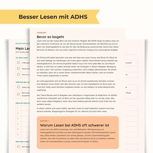 Puede incluir: Un documento de varias páginas titulado Besser Lesen mit ADHS que presenta una sección Vorwort titulada Bevor es losgeht y una sección Kapitel 1 titulada Warum Lesen bei ADHS oft schwerer ist. Las páginas contienen texto estructurado y listas.