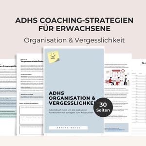 以下が含まれることがあります： Armina Weiss著の30ページのワークブック「ADHS ORGANISATION & VERGESSLICHKEIT」。テキスト、図、ToDoリストが印刷されたページで構成されています。表紙は水色で、黄色の付箋アイコンと黒い文字が特徴です。