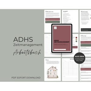 Può includere: Un quaderno di esercizi digitale intitolato ADHS Zeitmanagement con una copertina rosso scuro e testo bianco, mostrato insieme a diverse pagine interne contenenti layout strutturati, liste di controllo e un'illustrazione di una casa con icone.
