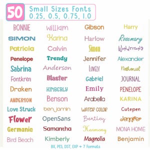 Op de afbeelding: Een digitaal overzicht met 50 kleine borduurlettertypes in diverse kleuren en stijlen. De koptekst luidt 50 Small Sizes Fonts 0.25, 0.5, 0.75, 1.0. De tekst onderaan vermeldt bestandsformaten zoals BX, PES, DST, EXP en 7 Formats.