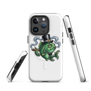 Peut inclure: Une coque de smartphone blanche ornée d'un dessin de poisson vert portant un haut-de-forme noir, un monocle et un nœud papillon, tenant un cigare allumé avec de la fumée. La coque présente des découpes pour l'objectif et les boutons.