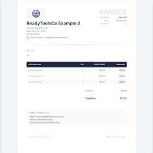 Op de afbeelding: Een wit factuursjabloon voor ReadyToolsCo Example 2, gevestigd op 350 5th Ave, Floor 48, New York, NY 10118. Het document bevat factuurnummer INV-012, gedateerd 19-07-2026, met velden voor omschrijving, aantal, eenheidsprijs en totaalbedrag.